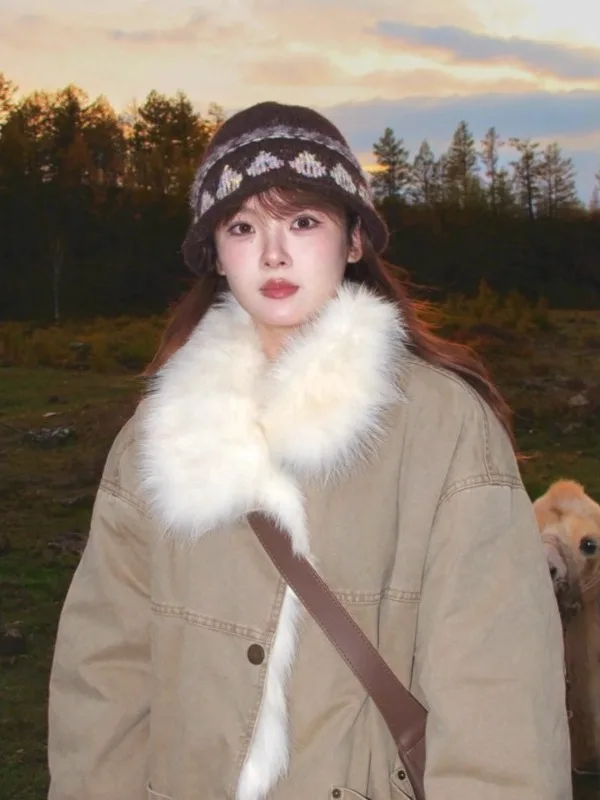 

Spring Women's Cotton Jaet 2026 New American Retro Loose Design Thiened Fce Lined Outerwear Warm Long Sve Coat