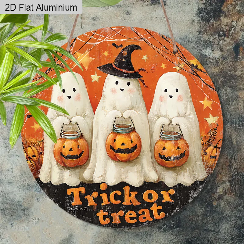 2D Flat 1pc Aluminum Halloween Home Hanging Decor, Trick or Treat Ghost Pumpkin Design, Round Aluminum Pendant, Great Choice of