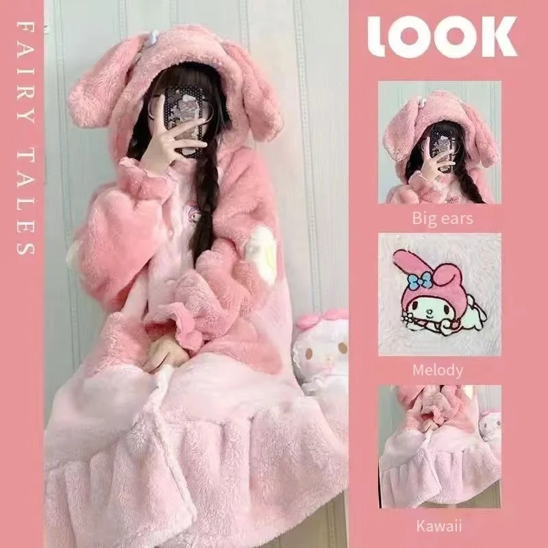 

Sanrio Pajamas Flannel My Melody Suit Girl Cute Sweet Cartoon Winter Hooded Keep Warm Thicken Nightgown Women Loungewear Go Out