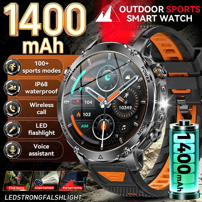 LIGE 2026 Military 1400mAh Battery Smart Watch Men Outdoor Flashlight IP68 Waterproof Heart Rate Bluetooth Call Sports Bracelet