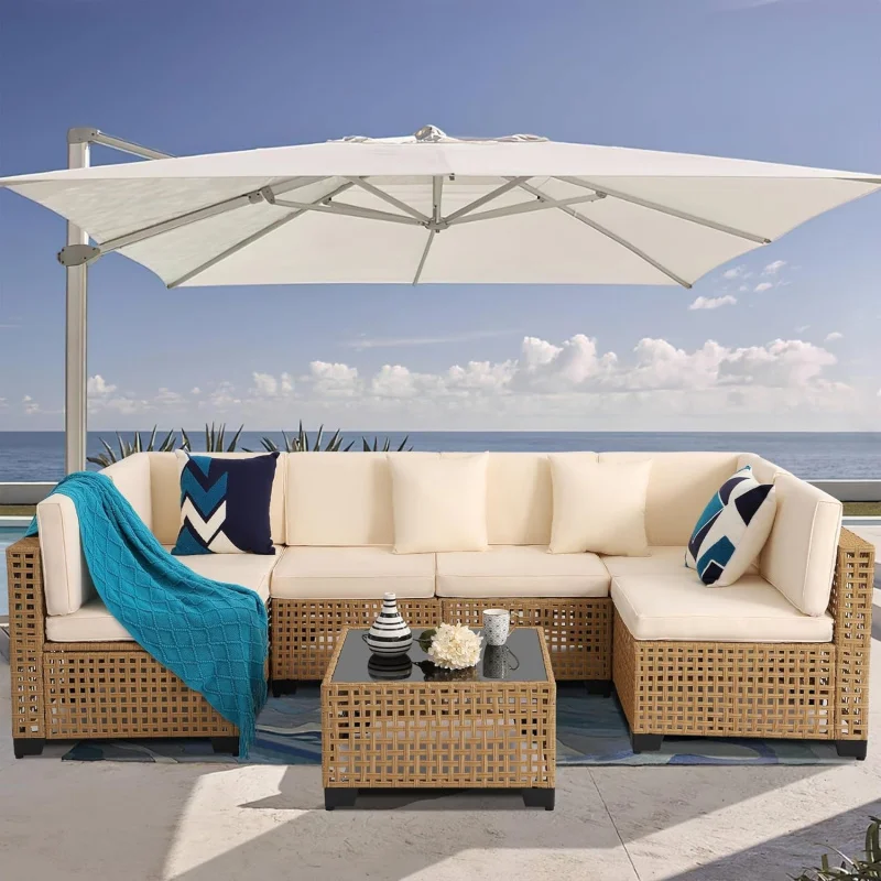 

-Piece PE Rattan Outdoor Sectional Sofa, All-Weather Wicker Patio Conversation Set with Cushions & Coffee Table Gar