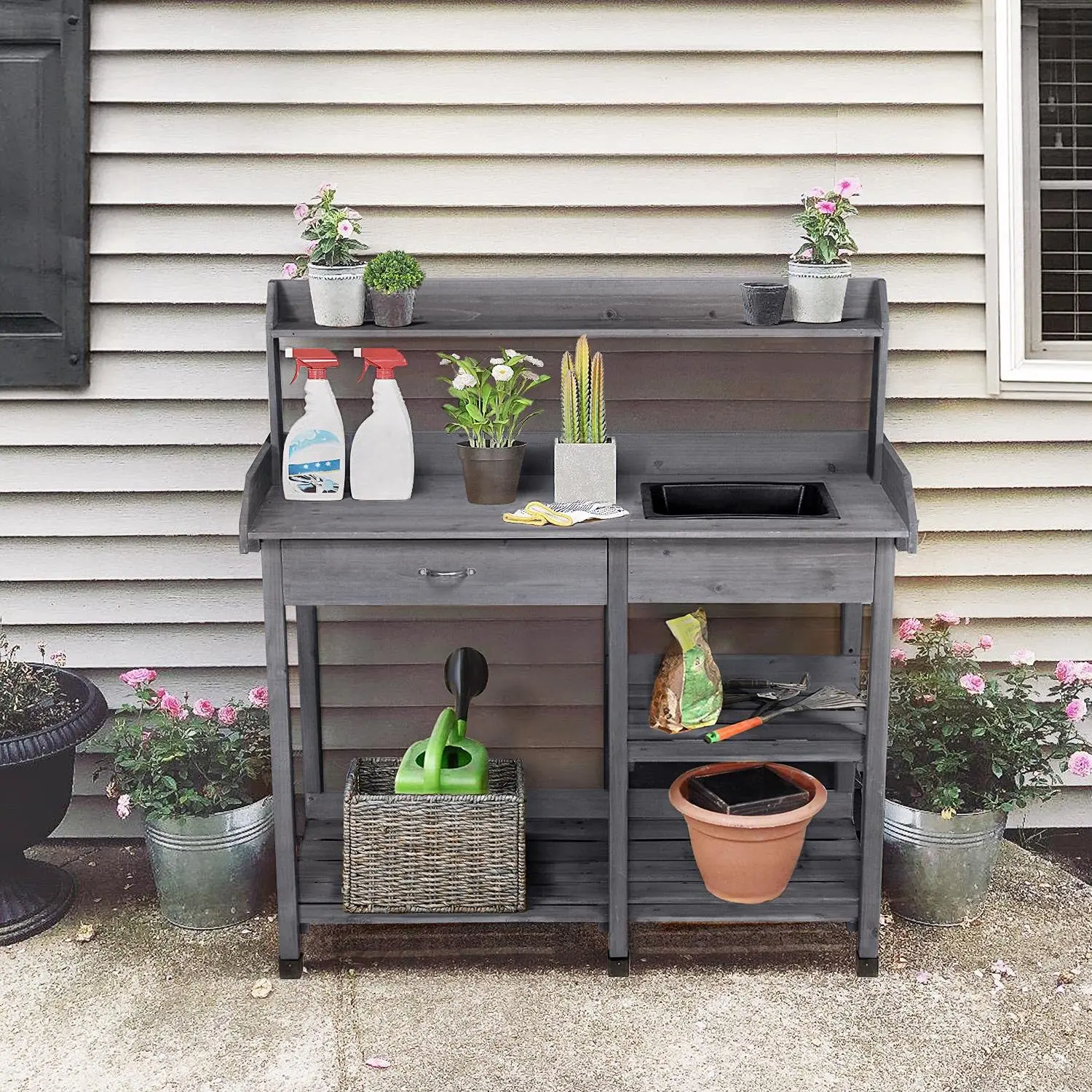 

Garden console Outdoor solid wood gardening workbench Multifunctional storage bench Backyard sundries rack Flower pot
