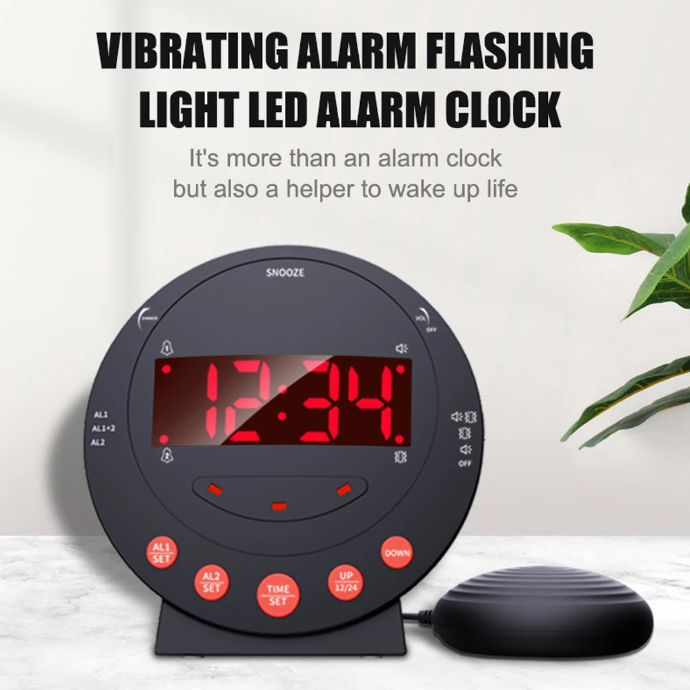 TS-BC600 Loud Vibrating Alarm Clock with Bed Shaker Flash Light Brightness Adjustable Snooze Dual Alarm Setting USB LED Display