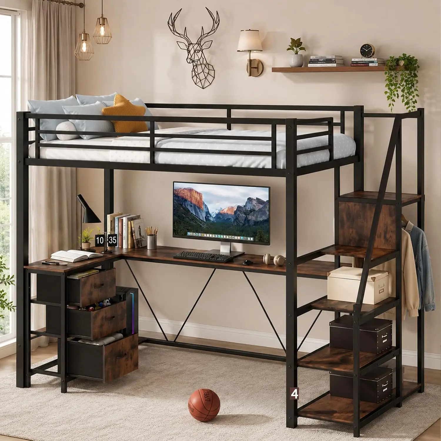 Twin Loft Bed Stairs Desk LED USB Charging Metal Frame L-Workstation Storage Drawers Shelves Space-Saving Teens Kids, Customized
