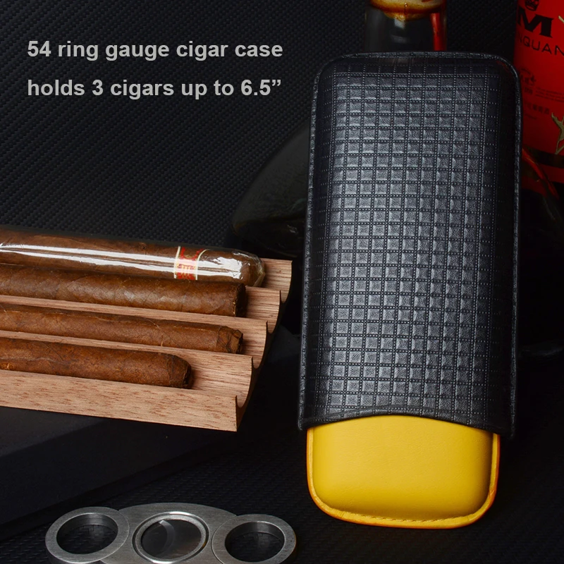 

54 Ring Leather Cigar Case Black Yellow Cigar Holder 3 Tube Mini Cigar Box 6.5"Long Travel Cigar Humidor Men's Smoking Accessory