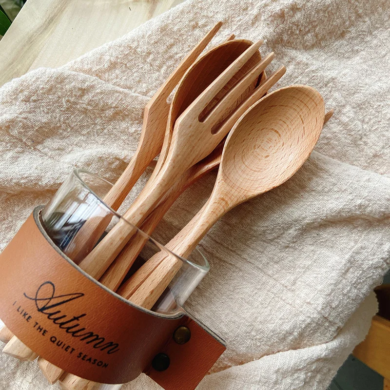 Juego de cubiertos de madera para niños, Set de vajilla portátil de 4 piezas, tenedor, cuchara para postre y sopa