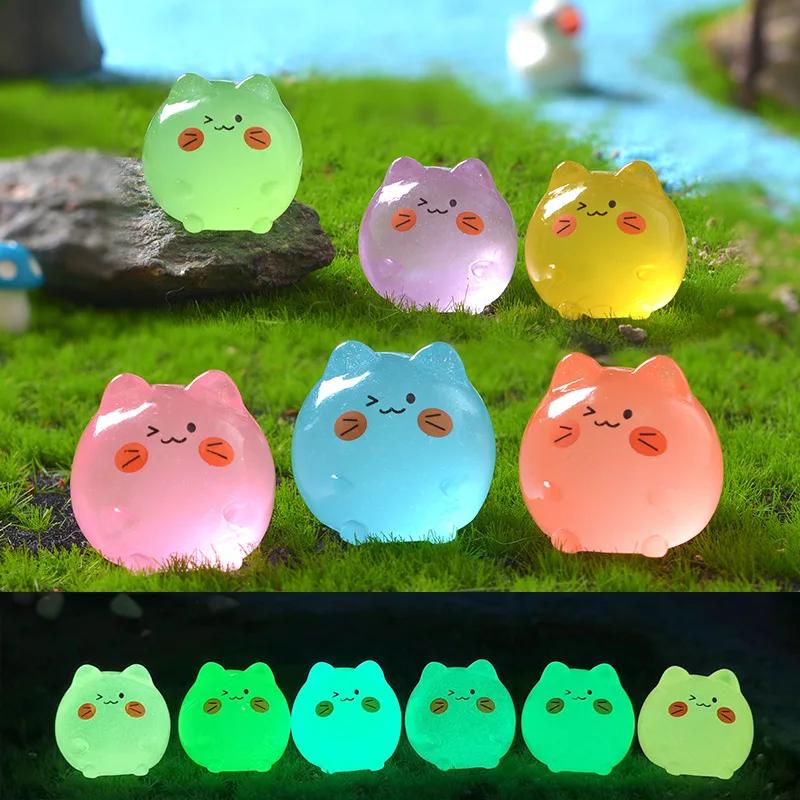 10Pcs Cute Chubby Cat Toy Model Micro Landscape Desktop Small Ornaments Cartoon DIY Transparent Colorful Glow-in-the-dark Cat