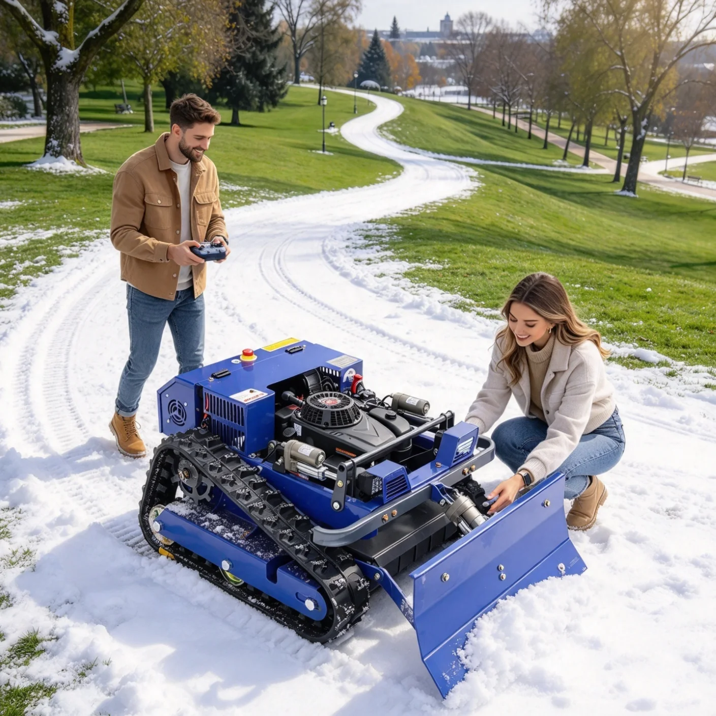 Customized Remote Control Lawn Mower maintains lawns of campus grounds, quickly trims undulating green areas.