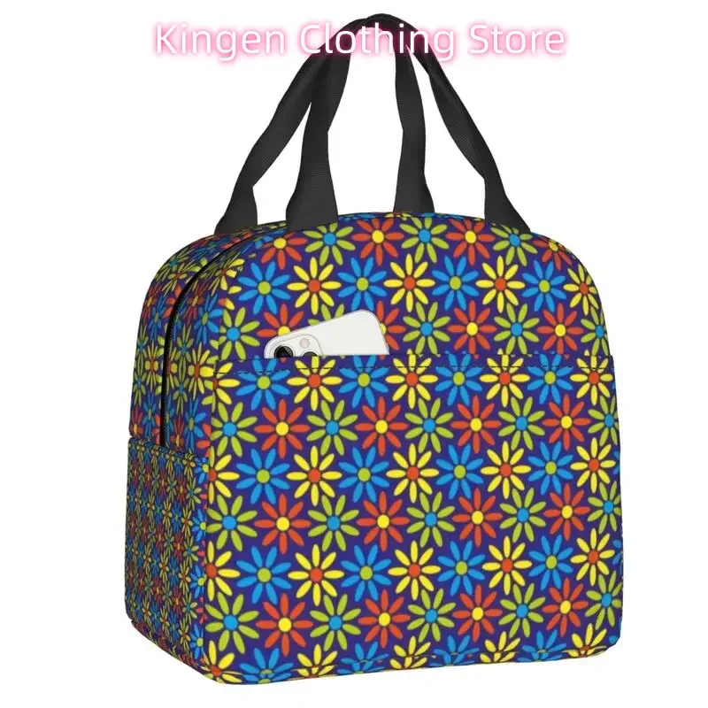 Custom Retro Hippie Flower Power Pattern Lunch Bag Women Thermal Cooler Insulated Lunch Box for Children School