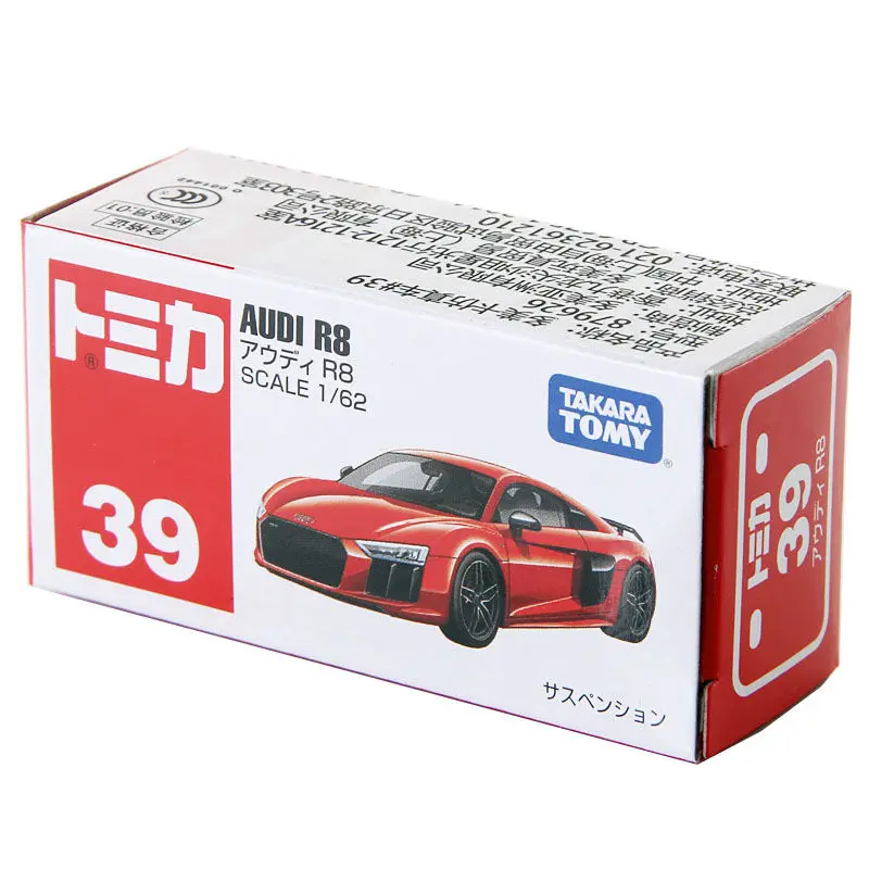 TAKARA TOMY Tomica-coches deportivos rojos de aleación para niño, juguete de vehículo de Motor fundido a presión, modelo de Metal, regalos, Audi R8, NO.39, 1/62