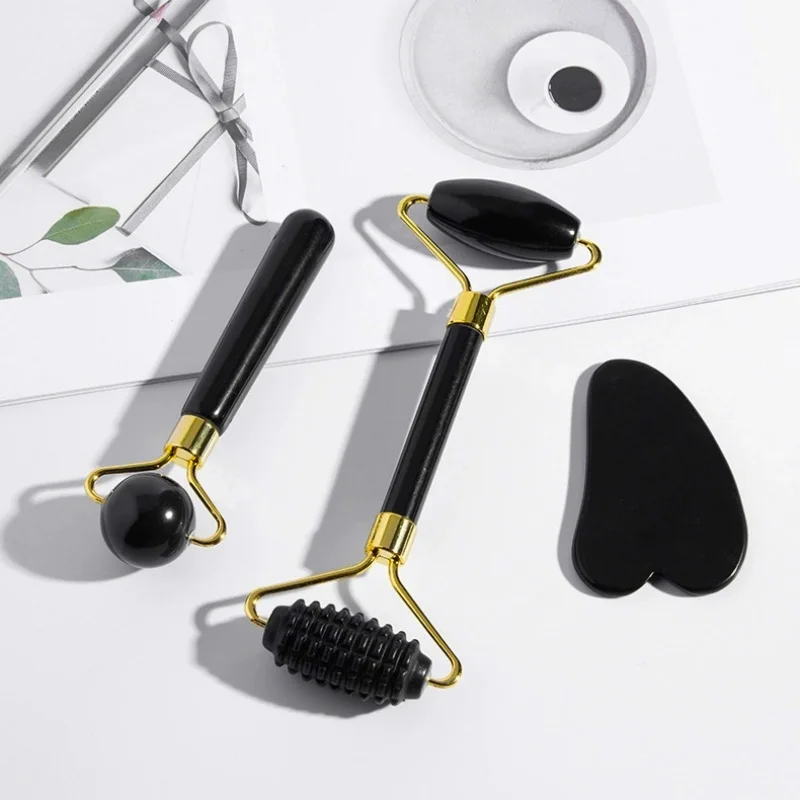 Black Spiky Jade Roller & Gua Sha Board 3 in 1 Set Natural Stone Face Massage Anti-Aging Skincare Tool