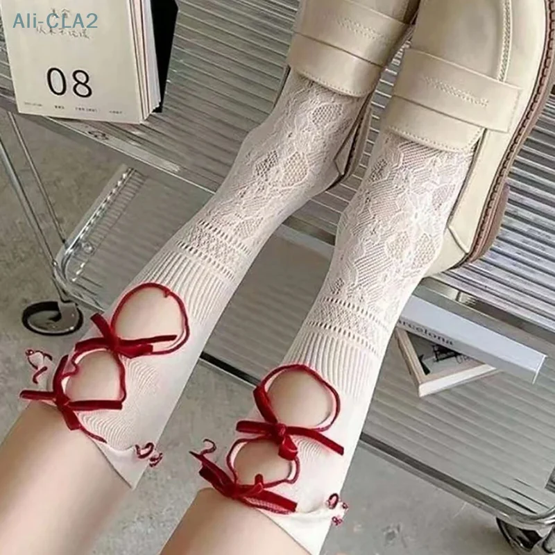 

1 Pair Hollow Lace Women Long Stockings Fashionable Versatile Knotted White Lolita Style Comfortable Breathable Casual Socks