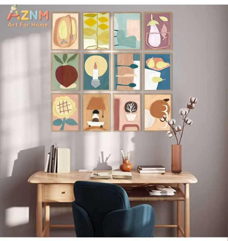 AZNM Soft Tone Abstract Moon Globe Floral Hand-painted Frameless Canvas Poster Nordic Cute Bedroom Wall Art Decor