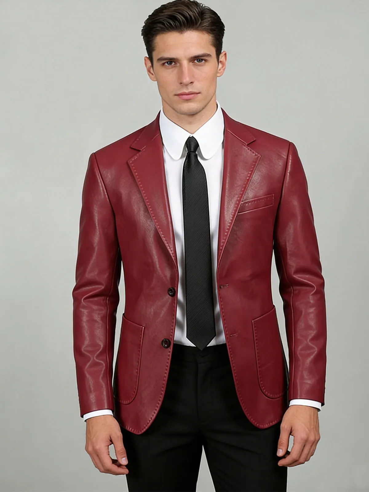 

Man black PU leather jacket single breasted lapel man coat business casual tailored man blazer for wedding party daily