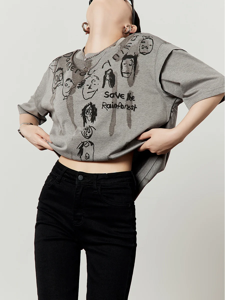 

Женская футболка свободного кроя Deep Ey, лето 2025, новая винтажная модная модель с принтом, повседневная, удобная, с круглым вырезом, топ