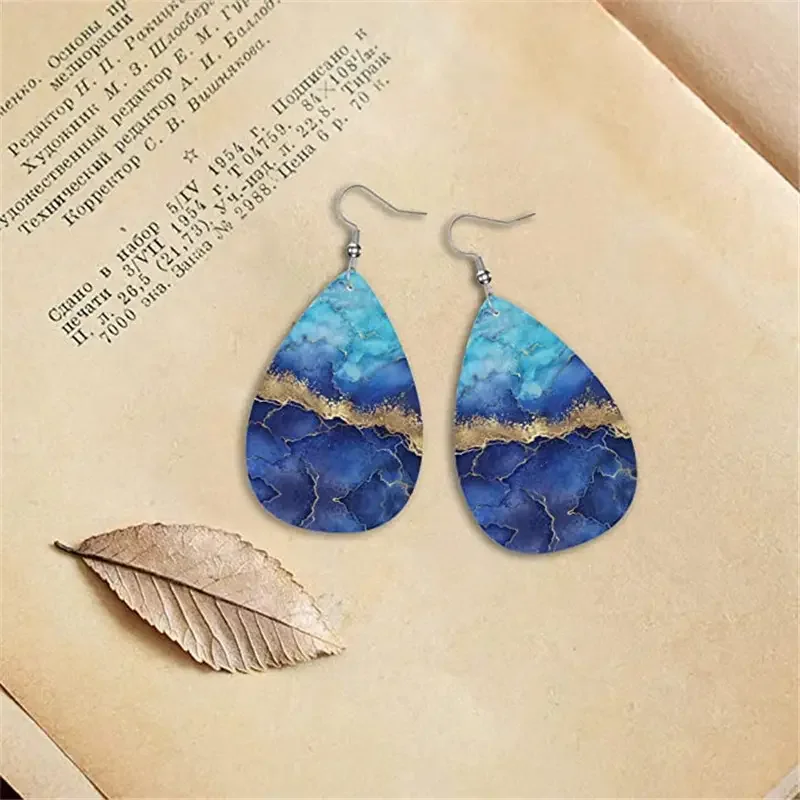 Bohemian Blue Ocean Sea Beach Dangles Water Drop Leather Earrings For Women Summer Jewelry Accessories