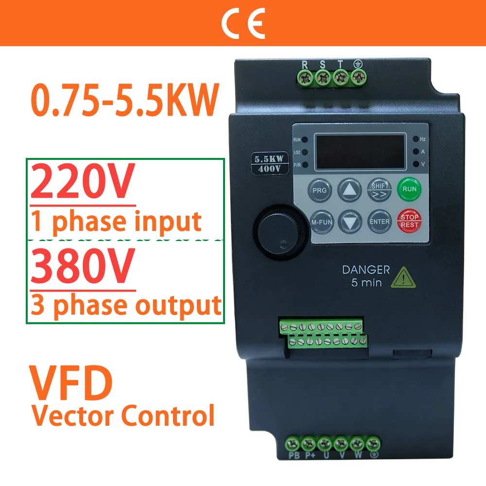 Input 220V to Output 380V VFD Variable Frequency Drive Converter Inverter 0.75/1.5/2.2/3.7/4/5.5 KW Motor Speed Controller