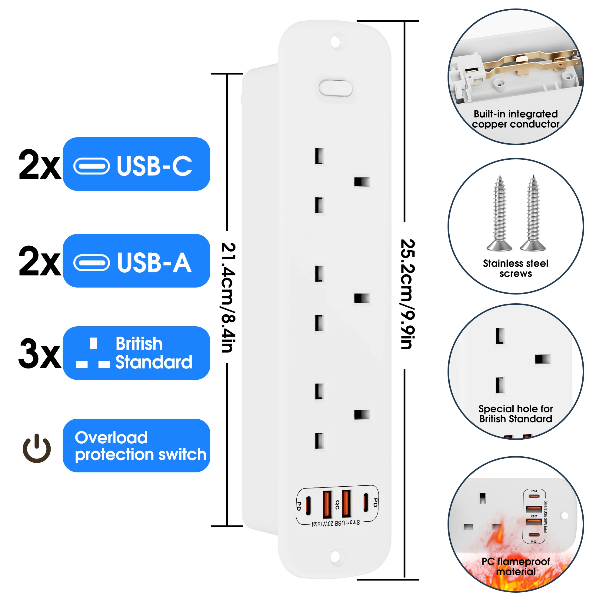 3250W UK Plug 3AC Desktop Power Strip,150cm Cord,Overload Switch,2USB-A+2USB-C Ports for Bedroom,Office,Living Room,Dorm