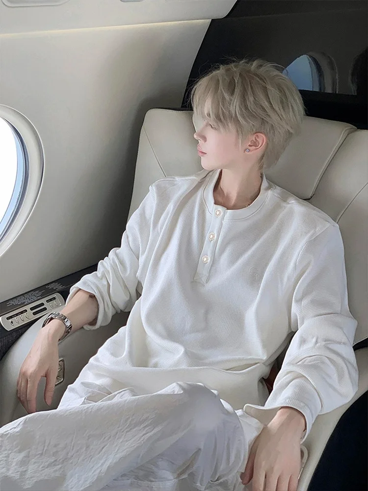 

Мужская футболка White Long Sve Henry Collar Wfle Pattern T-irt, премиум-качество, стиль Cleanfit, американский крой, базовая модель.