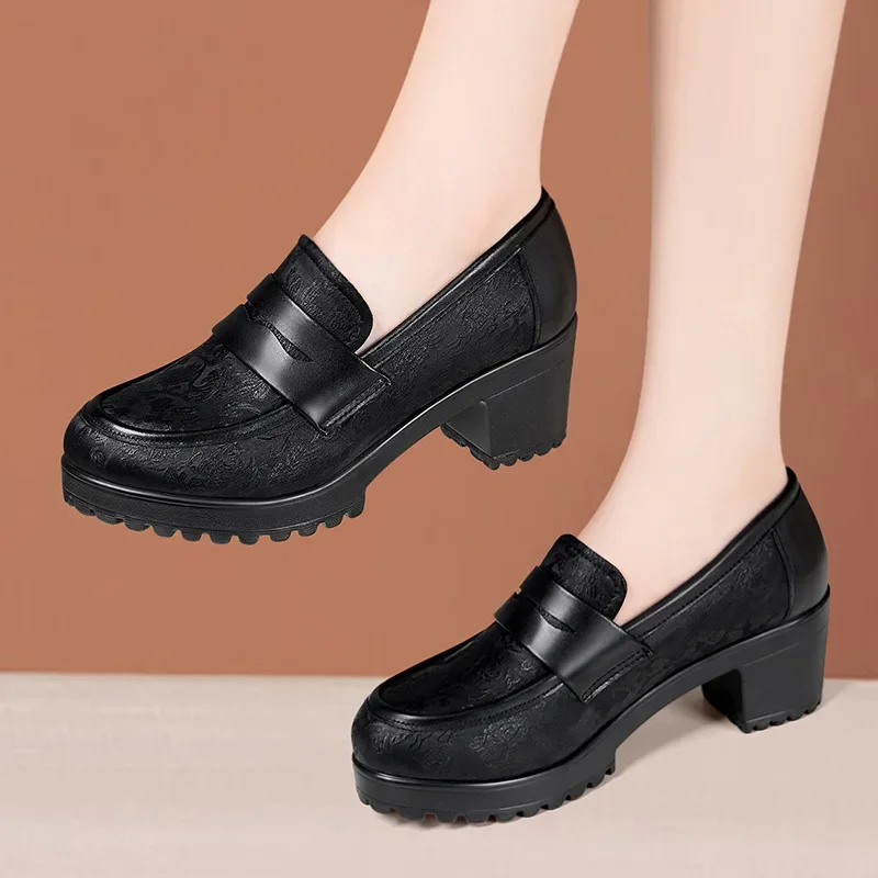 6cm Small Size 32-43 Britisy Style Soft Leather Loafers Women Pumps 2024 Fall Med Block Heels Shoes Platform for Office Mom