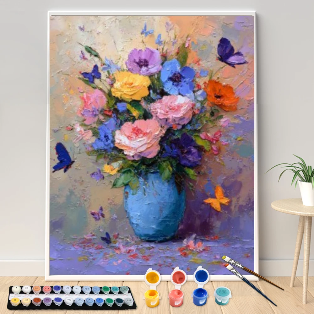 Digitales Acrylmalset DIY Blumen, die Schmetterlinge anlocken, Kunstleinwand, handgemalt, Heimdekoration, personalisiertes Überraschungsgeschenk – Detail 1