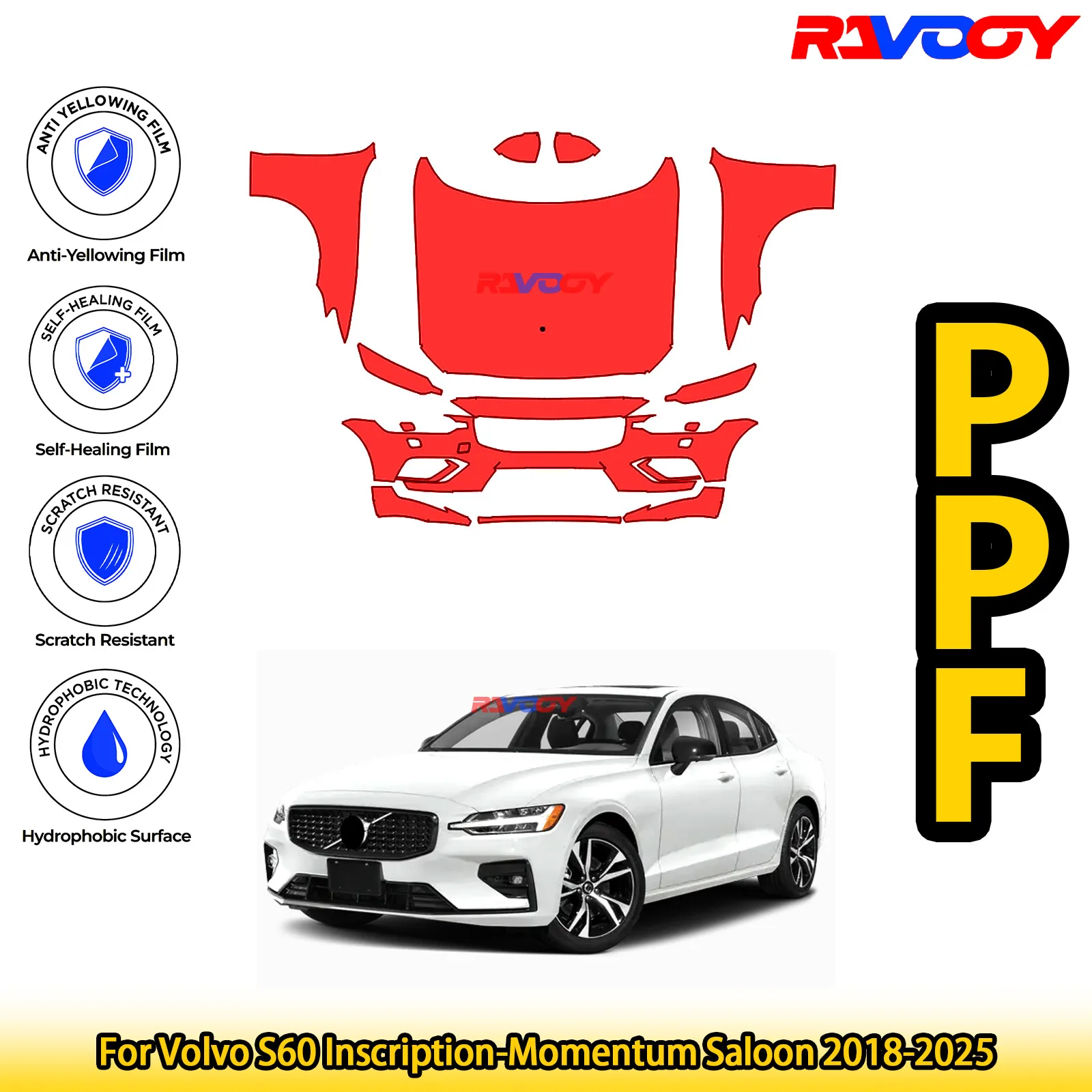 

For Volvo S60 Inscription-Momentum Saloon 2018-2025 Glossy Matte Black Precut front PPF Kit Paint Protection Film