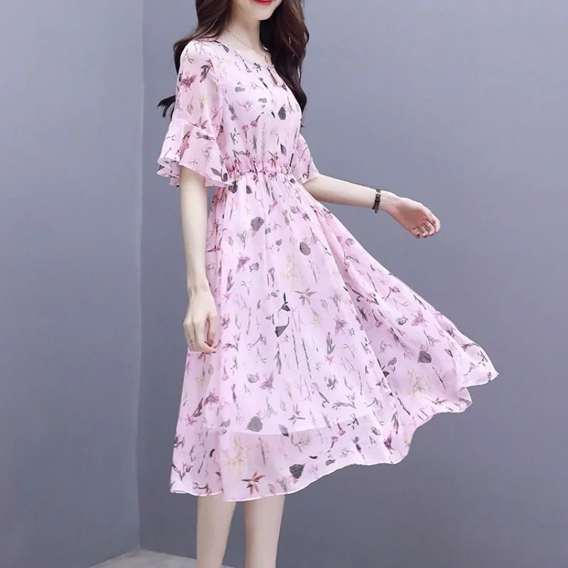 Elegant Thin Chiffon Floral Dress Summer New Short Sleeve O-neck Print Loose Ladies Dresses Temperament Fashion Women Clothing