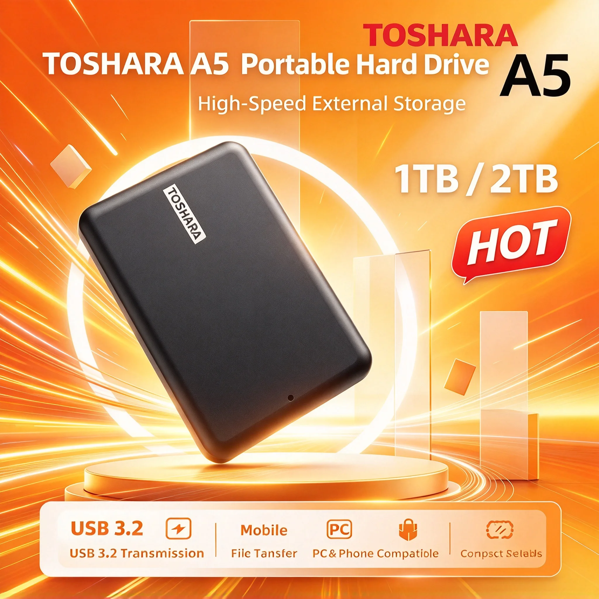 TOSHARA A5 1TB, unidade de estado sólido portátil de alta velocidade, 1TB SSD, disco rígido externo para portátil e Mac.