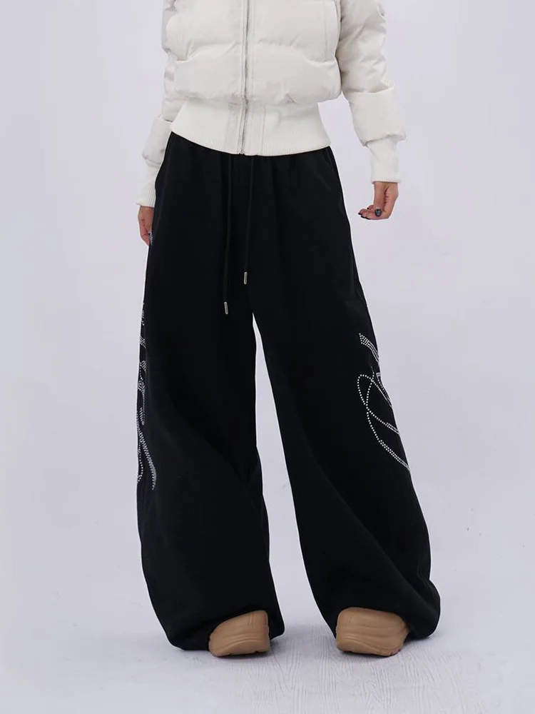 Harajuku y2k diamante preto sweatpants feminino solto vintage americano hip hop calças primavera cintura alta bf streetwear carta