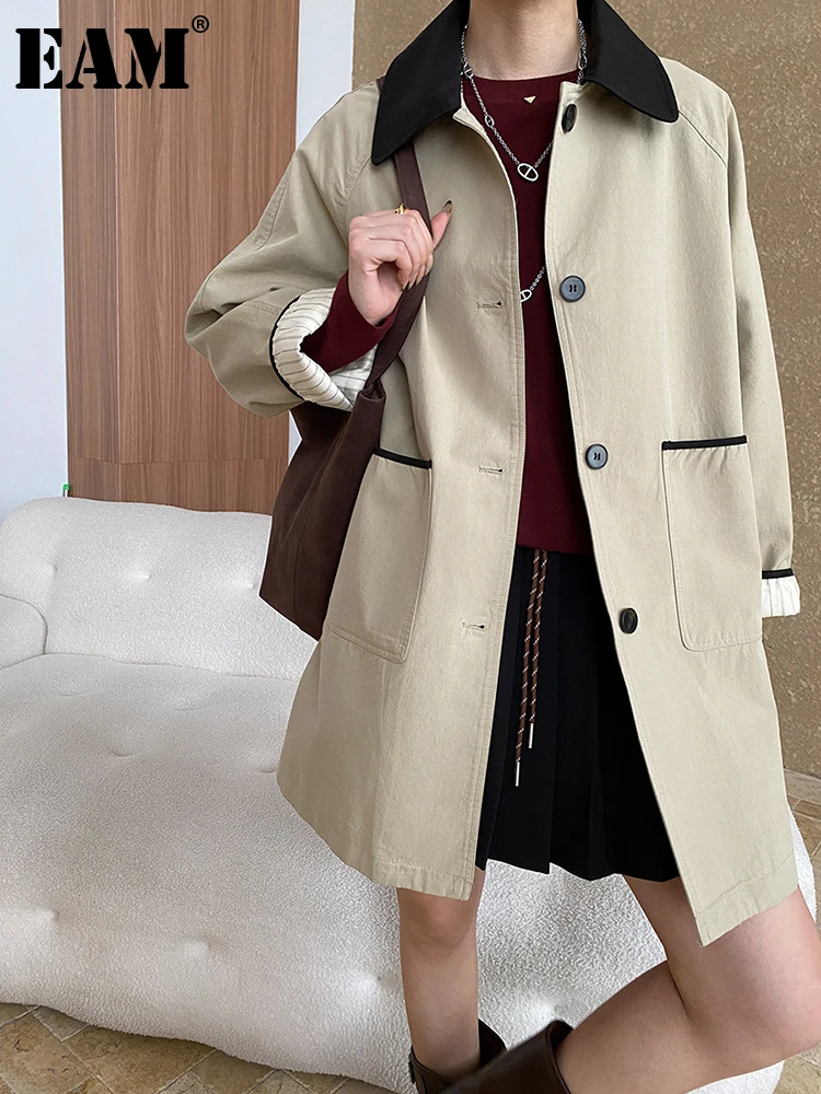 [EAM] Women Khaki Color-block Big Size Casual Trench New Lapel Long Sleeve Windbreaker Fashion Tide Spring Autumn 2024 1DH7514