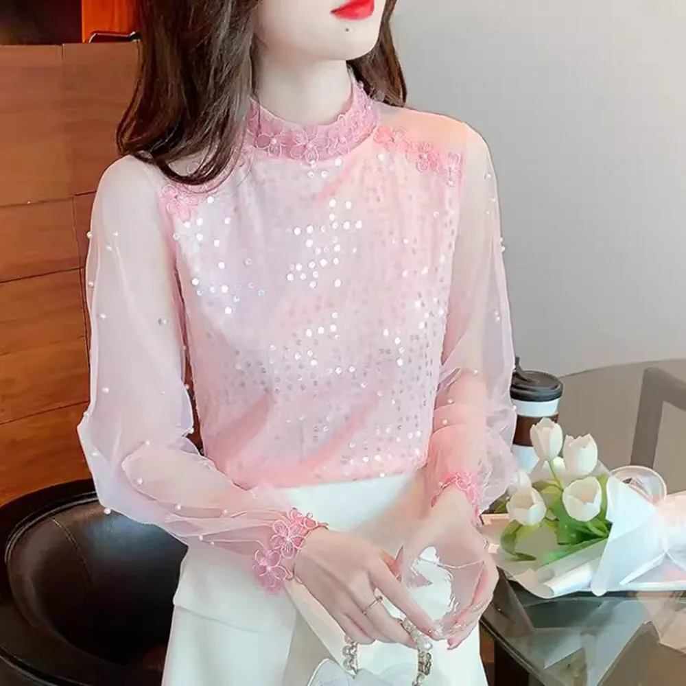 Spring/Summer Beading Chiffon Tops For Women\'s 2024 New Lace Gauze Long Sleeve Sequin Shirt Ladies Beautiful Fashion Slim Blouse