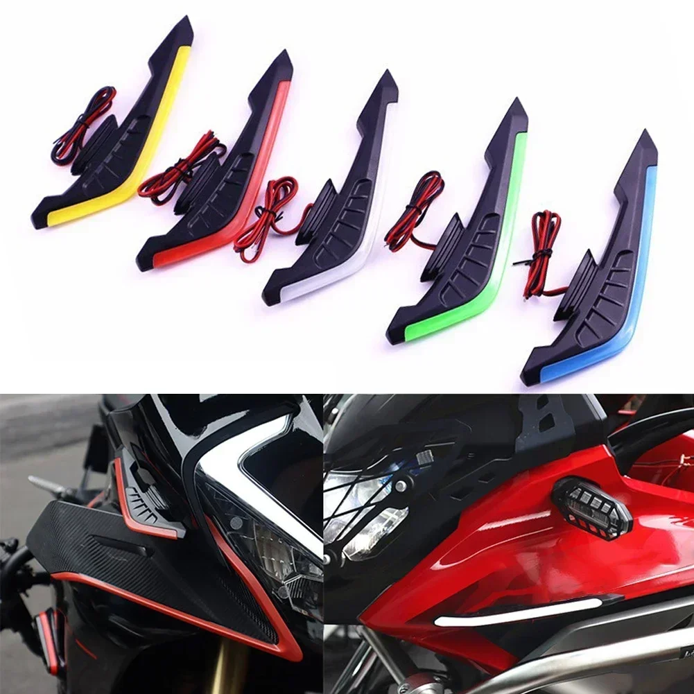 2PCS Motorcycle Front Winglets Stylish Aerodynamic Wing Spoiler with LED Dynamic Light Wing Sticker for Electric Bike Motorcycle