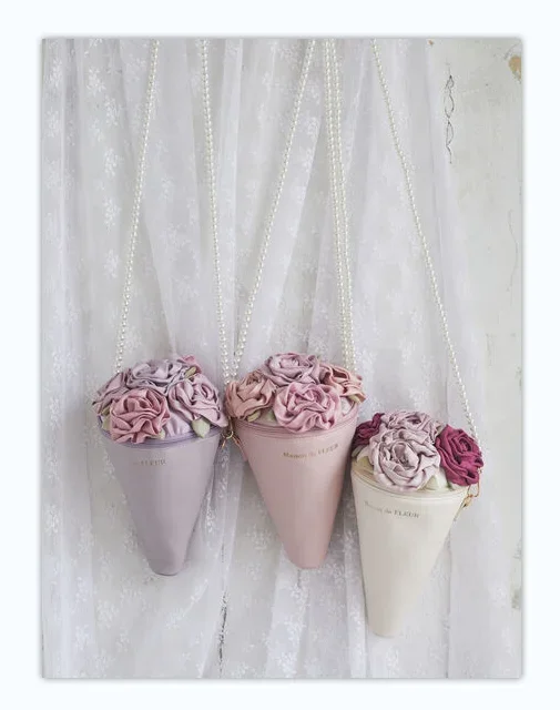 Japanese Style New Fashion Ice Cream Cylinder Bouquet Shoulder Bag Sweet Lady Girls Pearl Chain Crossbody Small Leather Bags