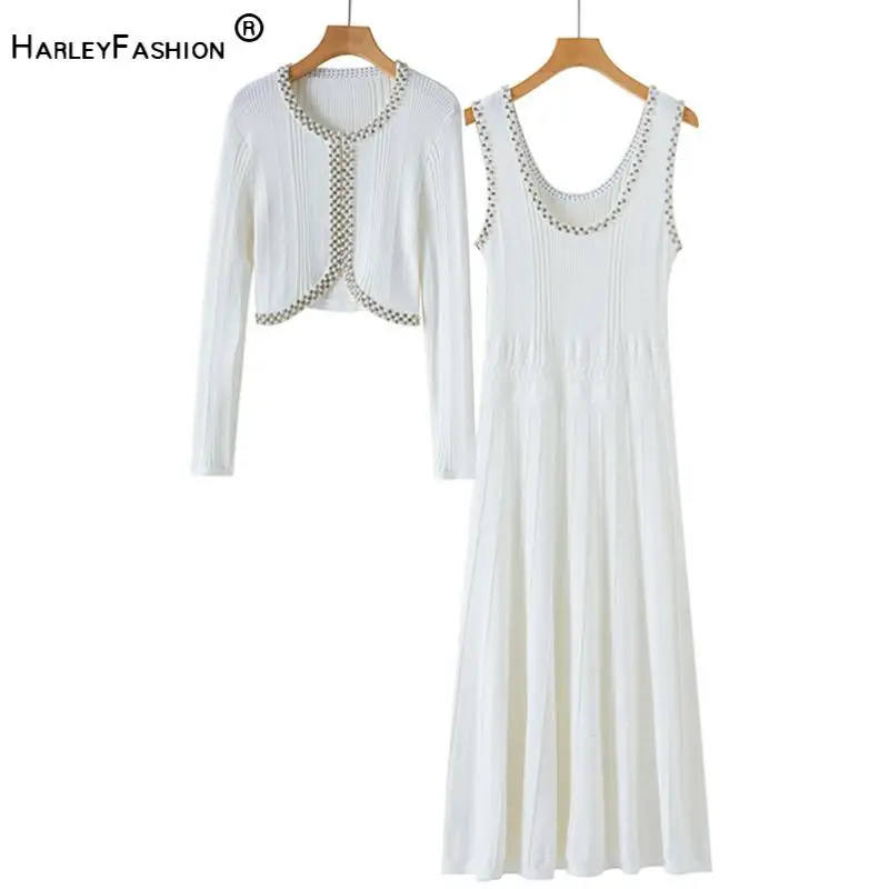 Lady High Quality Beading Solid Suit O-neck Long Sleeve Cardigan U-neck Sleeveless A-line Long Dress Women Knit 2Pcs