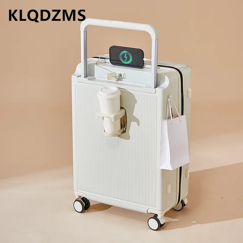 KLQDZMS casing troli pengisian USB 24 ", casing perjalanan dengan roda ABS + PC, casing troli pengisian USB dengan pemegang cangkir, koper perjalanan beroda 20 inci