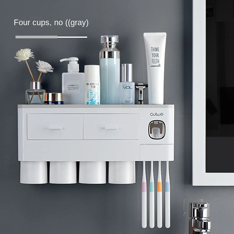 Toothbrush Bathroom Accessories Set Wall Mount Storage Rack Toiletries Storage Toothpaste Dispenser with Cup  Mug Holder Rack