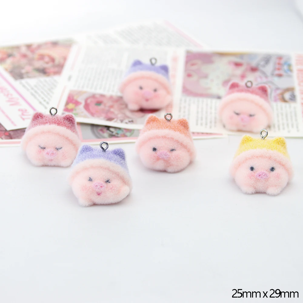 20 PCS 3D Flocking Pig in a Hat Charms Dolls Pendants  for Necklace Earrings Jewelry Making DIY Handmade Accessories Wholesale