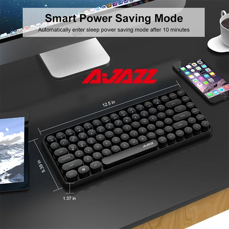 Ajazz 308I Wireless Bluetooth Keyboard 84 Keys Multi-Device Portable Keyboard Retro Typewriter Round Keycaps for IOS Android Win