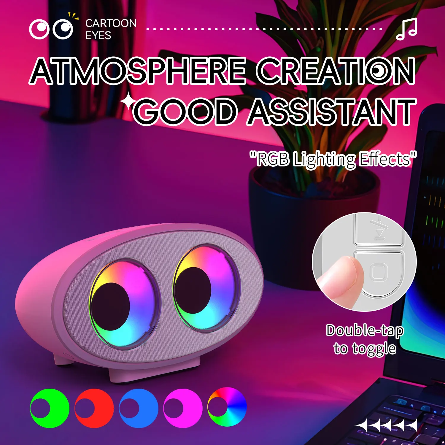 무선 지능형 휴대용 아이 스피커, RGB 눈 분위기 조명, USB 충전 지원, 크리스마스 및 생일 선물로 이상적