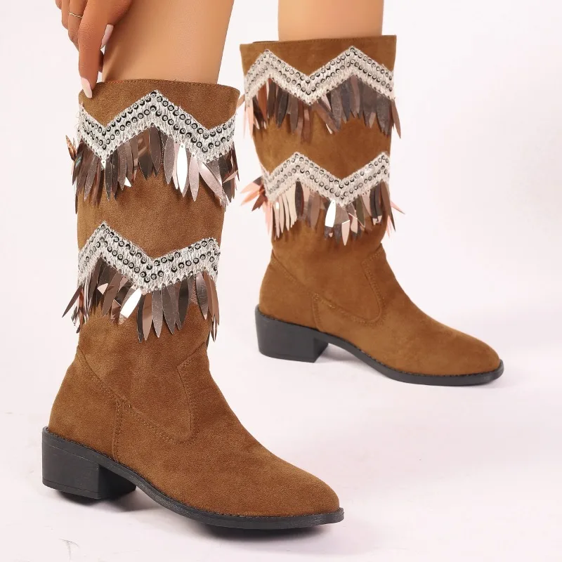 

Fashion Plus Size Suede Sequin Tassel Decoration Short Heel Women's Mid Calf Boots