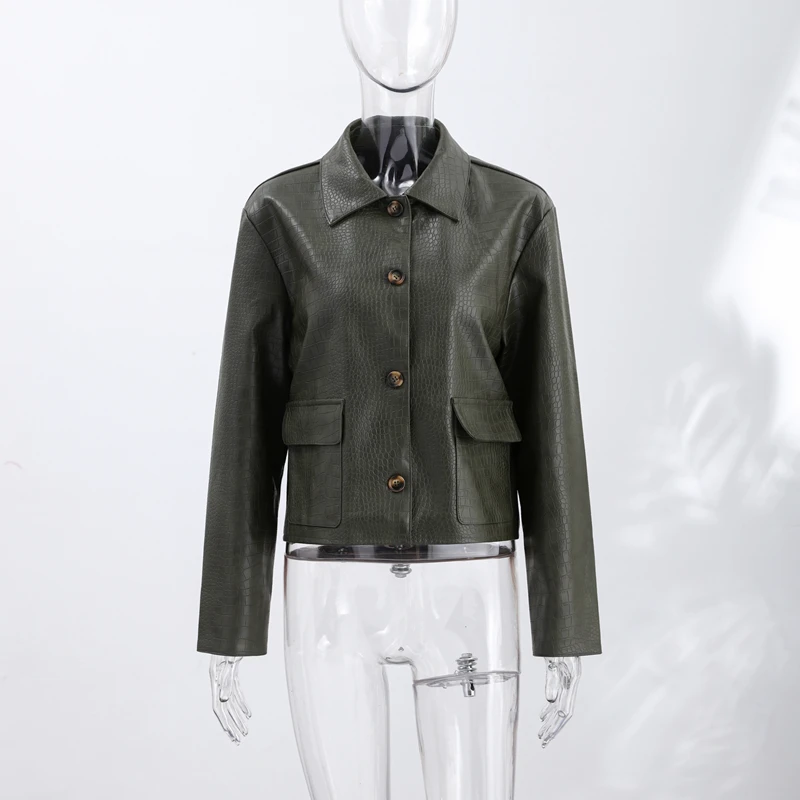 Damen Kunstlederjacken mit Krokodilhaut-Optik, Revers, Langarm, Einreihig, mit Taschen, Herbstmantel, Lockerer Schnitt, Neue Oberbekleidung – Detail 4