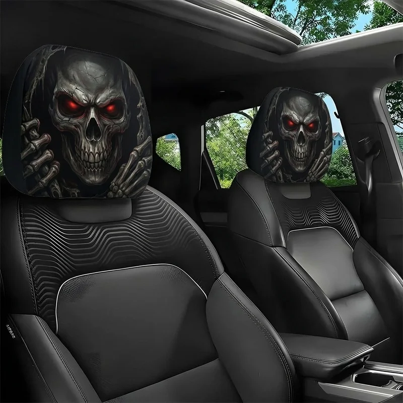 1/2Pcs Car Headrest Covers, Red Eyed Skull Grim Reaper Print, Gothic Style