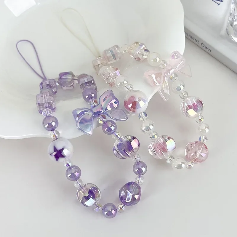 

Sweet Candy Color Phone Chain keychain Cute Bow Beaded Cellphone Pendant Charms Women Cell Phone Case Anti-loss Lanyard Jewelry