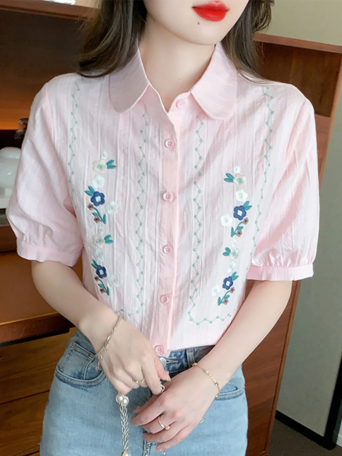 

Новинка лета: Женская хлопковая блузка из чистого хлопка с коротким рукавом, белая, с вышивкой, скрывающая живот, для повседневной носки, с рукавами-фонариками