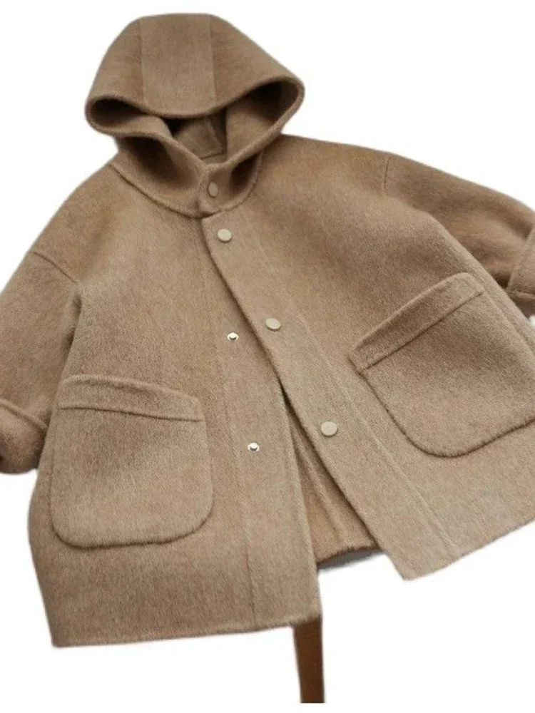 Children\'s Clothing 2023 Autumn winter New Camel Colored Double-sided Hooded Coat Children\'s Stylish Medium Length Woolen Coat