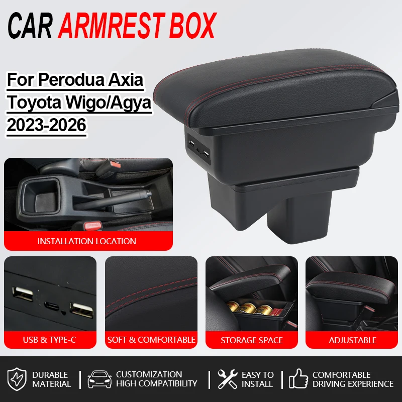 

Armrest For Perodua Axia For Toyota Wigo Agya 2023-2026 Car Console Black PU leather Storage Box Interior Design Car Accessories
