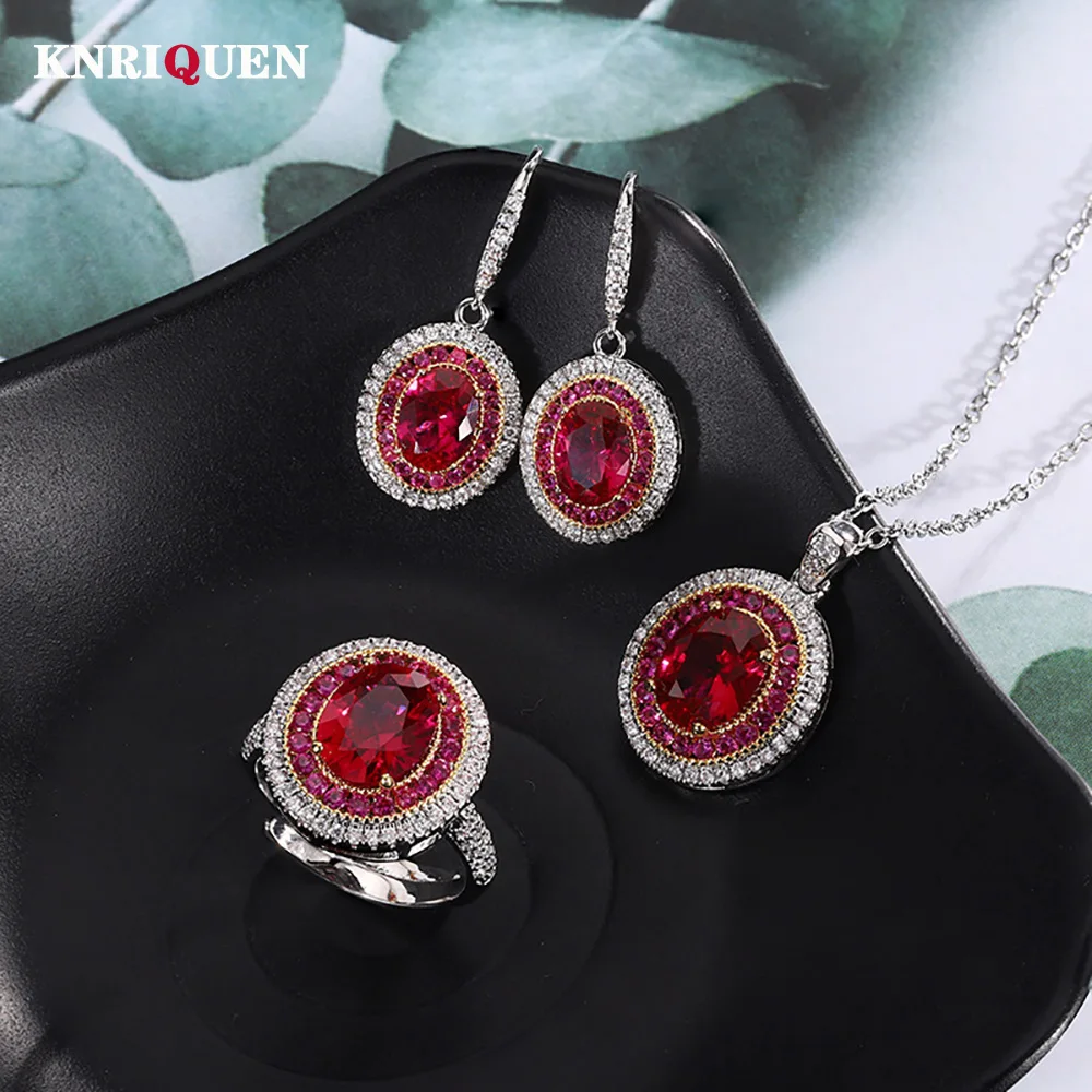 

Luxury Vintage Lab Oval Ruby Gemstone Necklace Pendant Ring Earrings Wedding Party Fine Jewelry Sets for Women Anniversary Gift