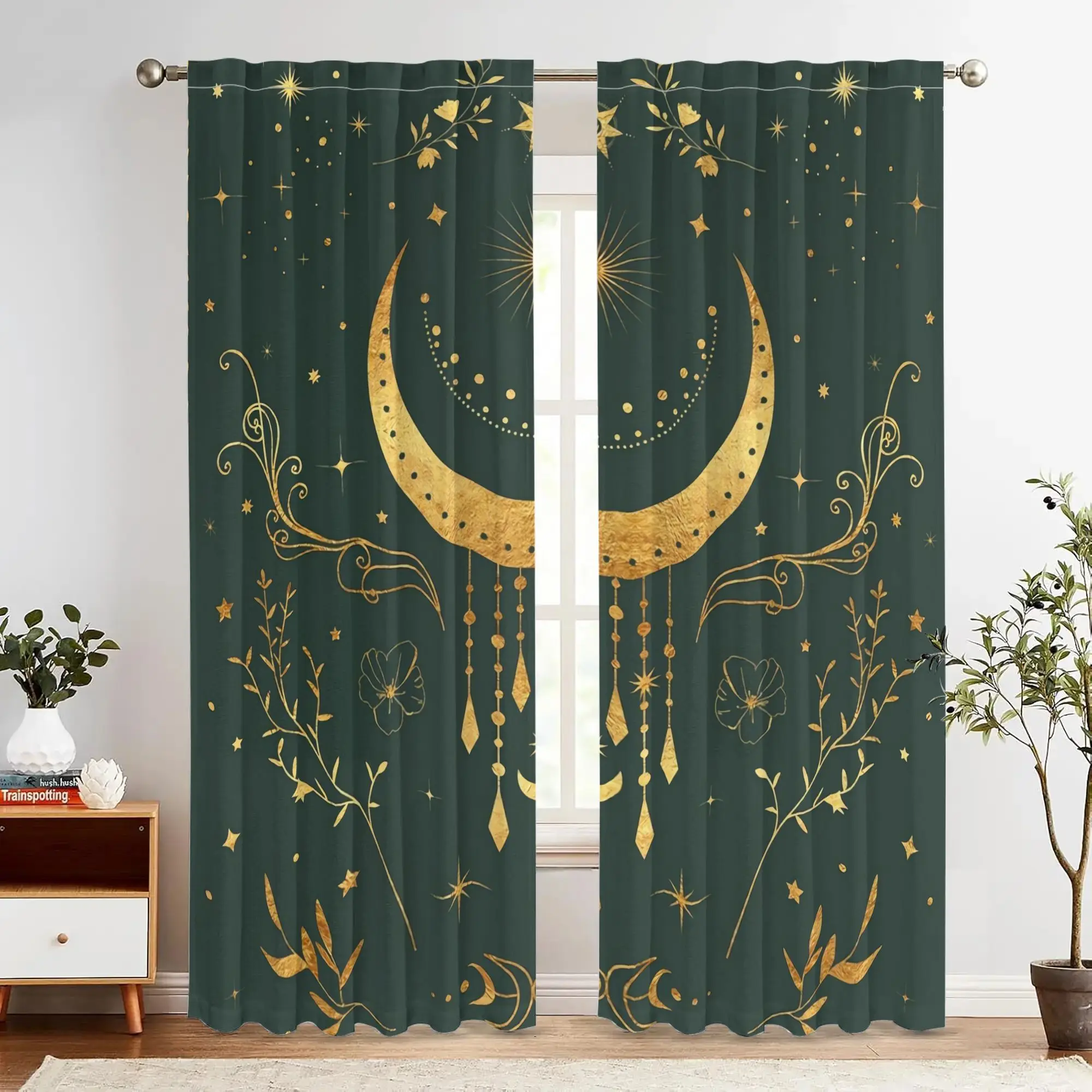 Luxurious Celestial Moon Star Curtains Pair Green Boho Galaxy Window Drapes Aesthetic Home Decor Living Room Bedroom Accent Curt