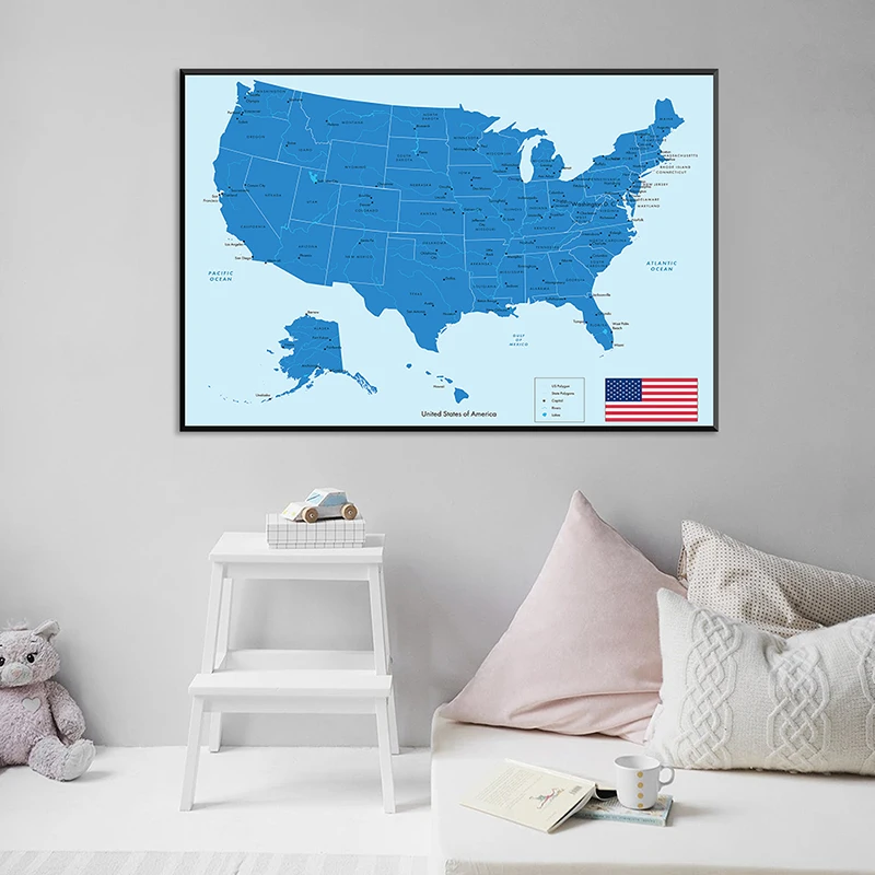 90*60cm The United States Map Non-woven Canvas Painting Wall Art Poster Decor for Living Room Office Decoration School Supplies