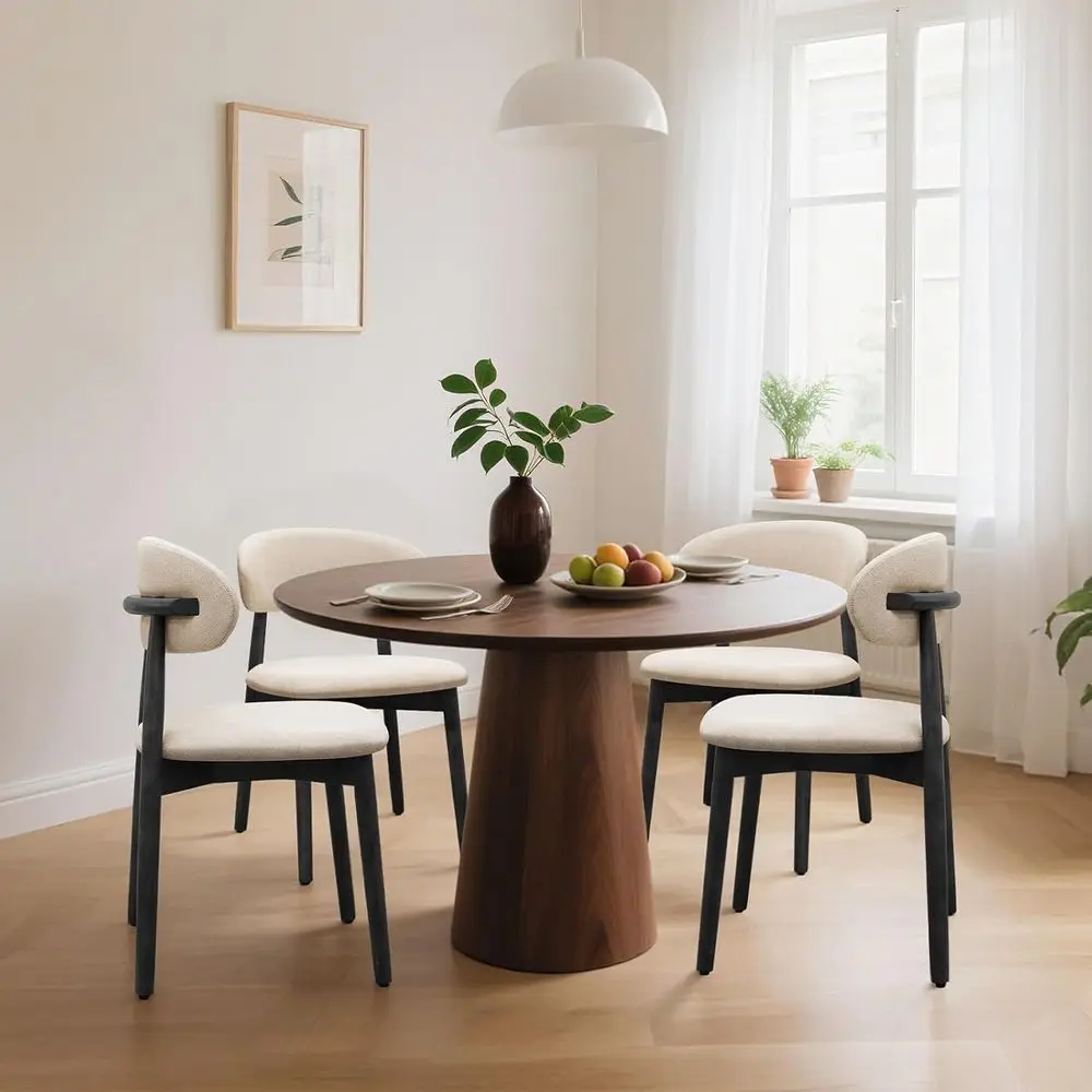 4-Piece Modern Fabric Upholstered Dining Chairs, Wooden with Curved Backrest, Black Legs, Beige